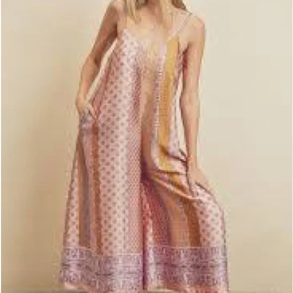 “Presley” Satin Boho Patchwork Wide-Leg Jumpsuit Festival Vacation Resort silky - Picture 9 of 9